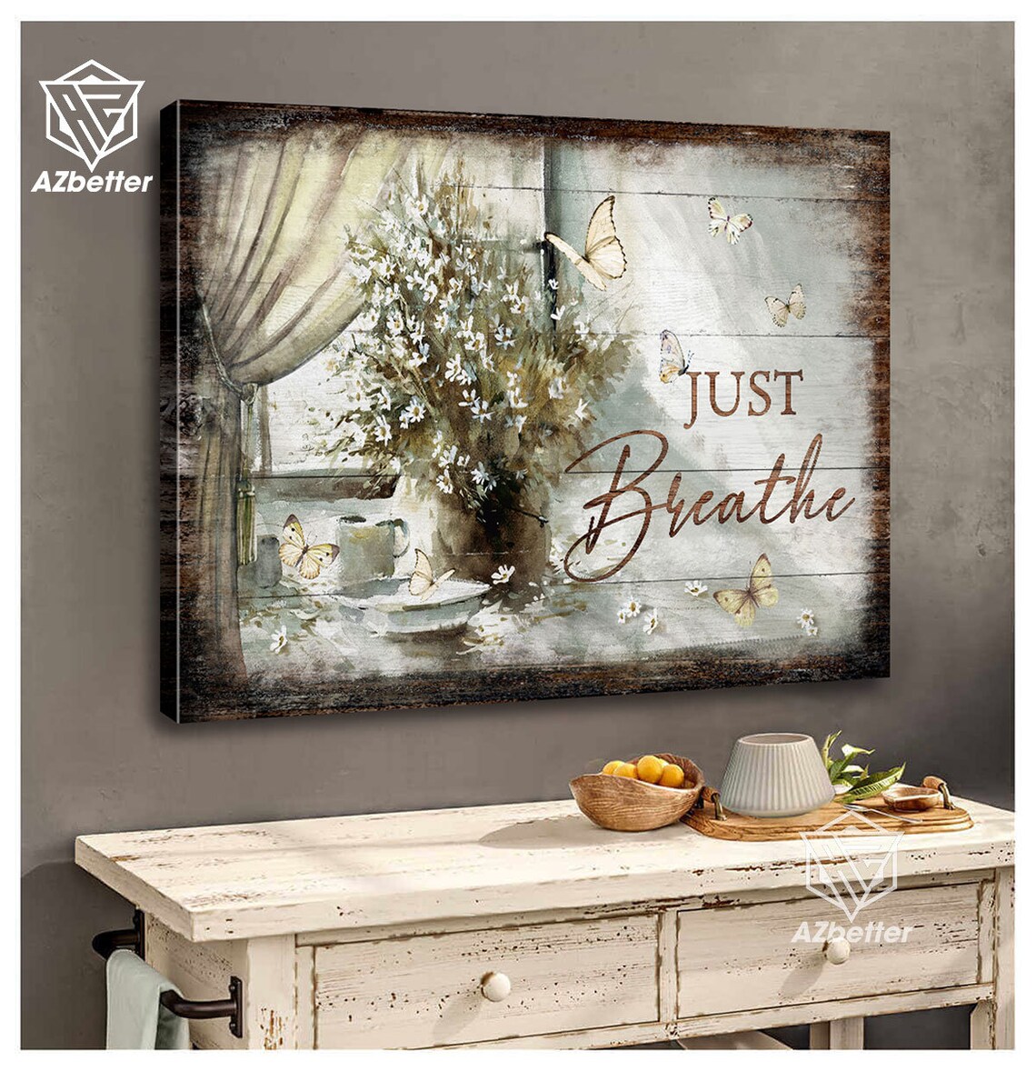 Just Breathe Window Curtain White Flowers Butterfly Rustic Poster - Image 4