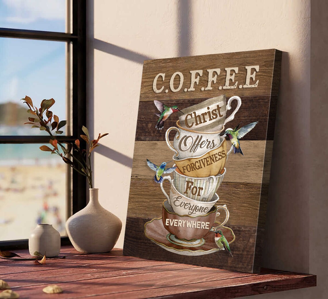 Stacked Vintage Teacups C.O.F.F.E.E. Hummingbirds Christian Poster - Image 4