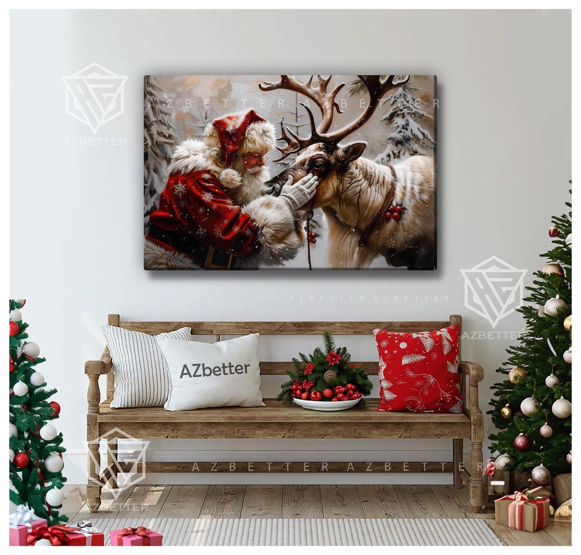 Santa Gently Petting Reindeer Snowy Forest Christmas Canvas Poster - Image 4