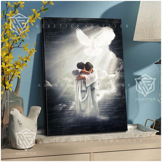 Jesus Embracing Believer in Heaven Dove Descending Light Poster