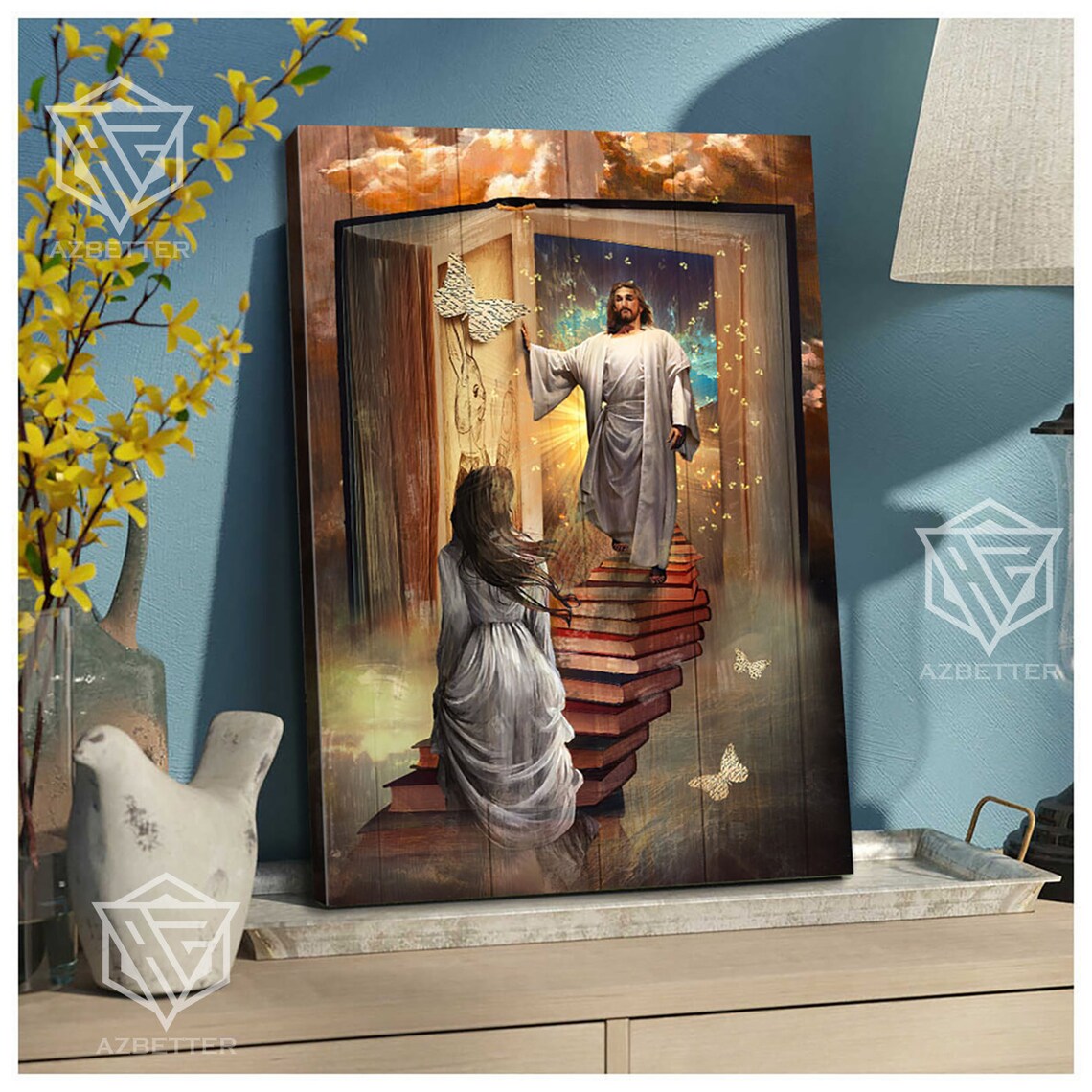 Girl Walking Up Book Stairs Toward Jesus In Heavenly Doorway Poster - Image 3