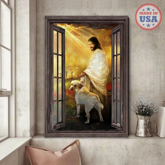 Jesus with a Labrador Retriever in a Golden Heavenly Window Scene Poster
