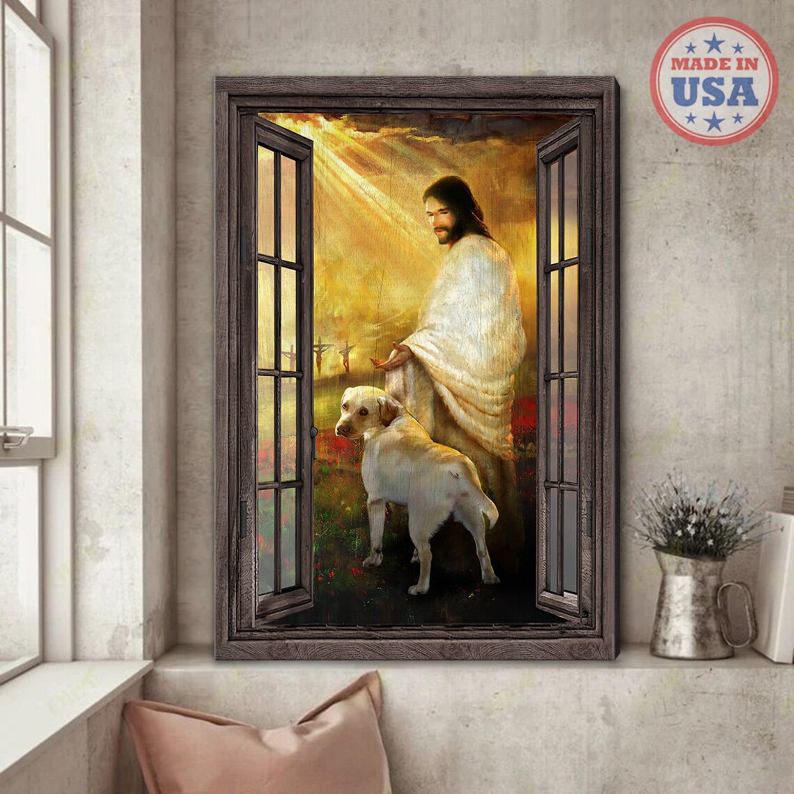 Jesus with a Labrador Retriever in a Golden Heavenly Window Scene Poster