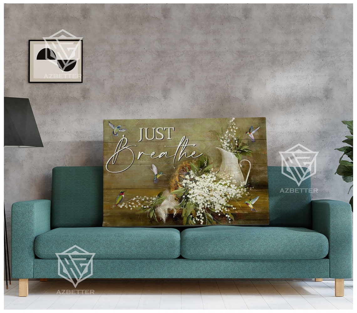 Just Breathe Rustic Calm Hummingbird Floral Pitcher Scene Poster - Image 3