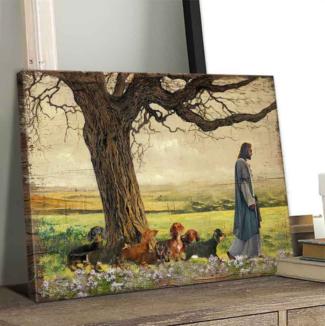 Jesus Walking With Dachshunds Sunny Flower Meadow Faith Art Poster - Image 4