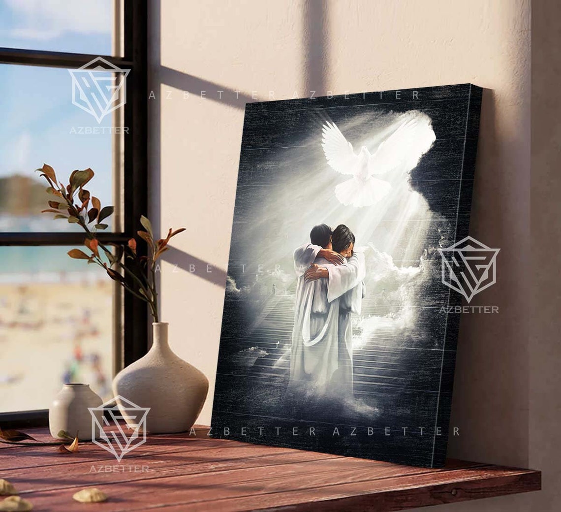 Jesus Embracing Believer in Heaven Dove Descending Light Poster - Image 4