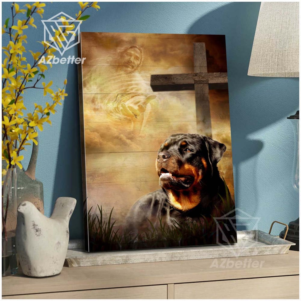 Rottweiler Looking Up at Wooden Cross with Jesus in Clouds Poster - Image 4