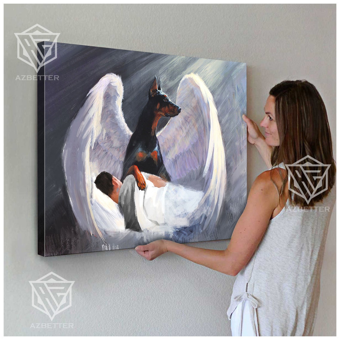 Doberman Angel Wings Guardian Watching Over Sleeping Man Poster - Image 5