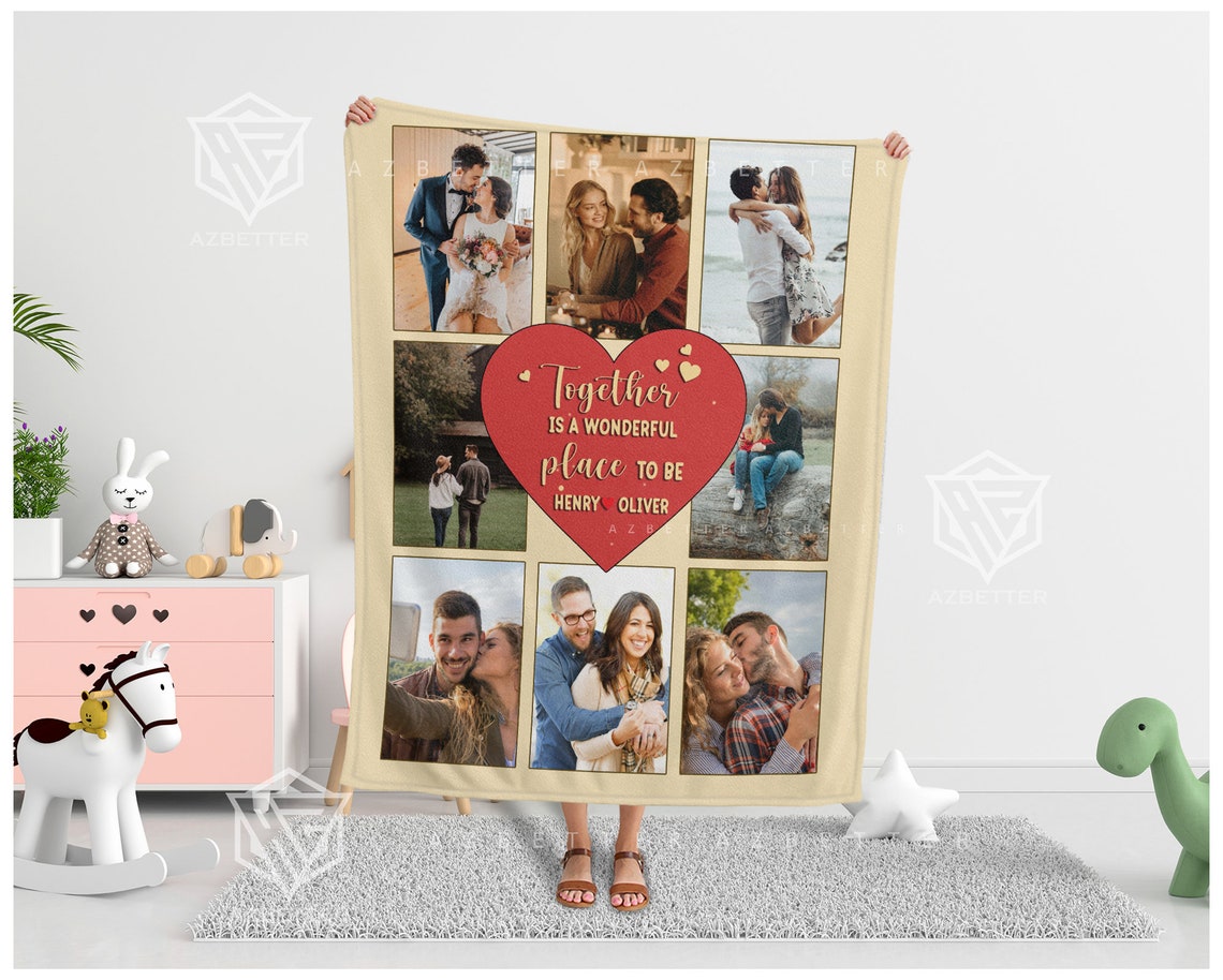 Personalized Couple Blanket Together Is A Wonderful Place To Be Fleecesherpa Blanket Couple Custom Gift For Husband Photo Collage - Image 2