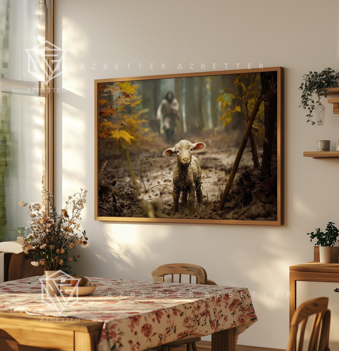 Lost Sheep Parable Jesus Running After Little Lamb Autumn Forest Poster - Image 5
