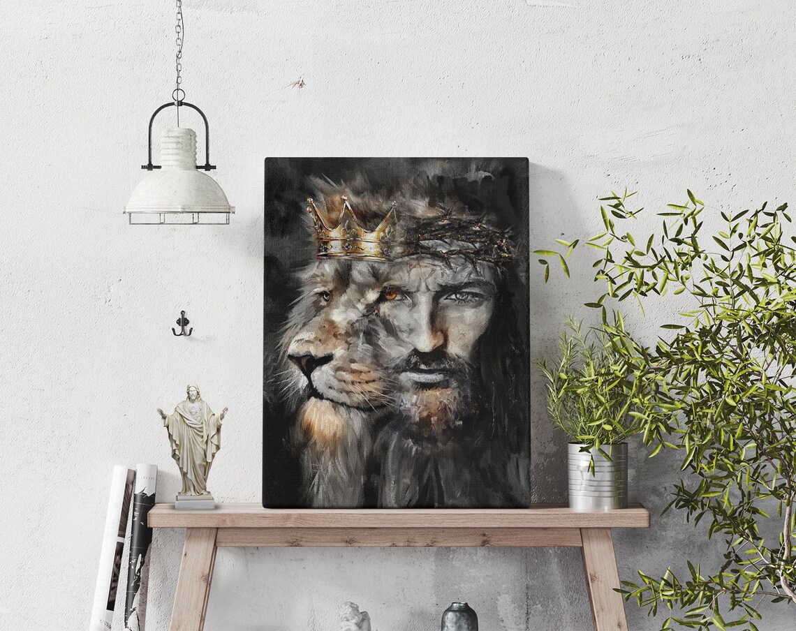 Lion Of Judah Half Jesus Face Golden Crown Thorns Canvas Poster - Image 5