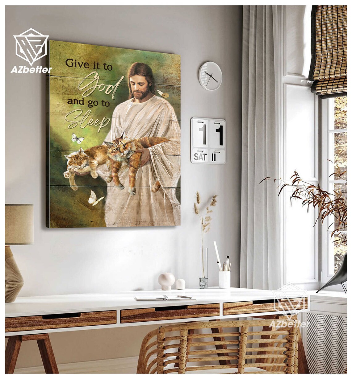Give It To God And Go To Sleep Jesus Holding Cat Butterfly Poster - Image 4
