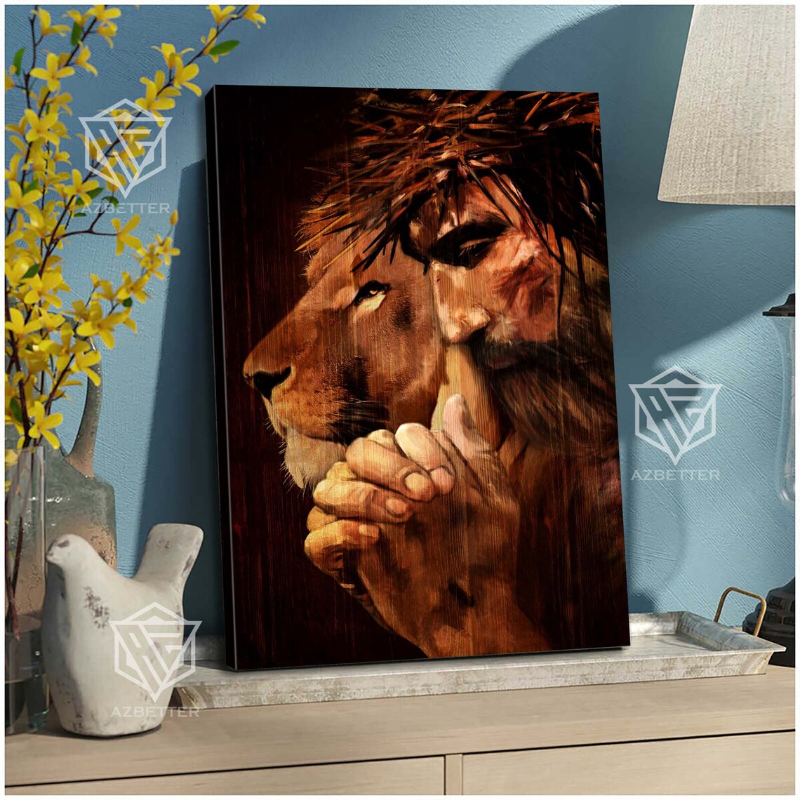 Praying Jesus And Lion Of Judah Crown Of Thorns Faith Poster