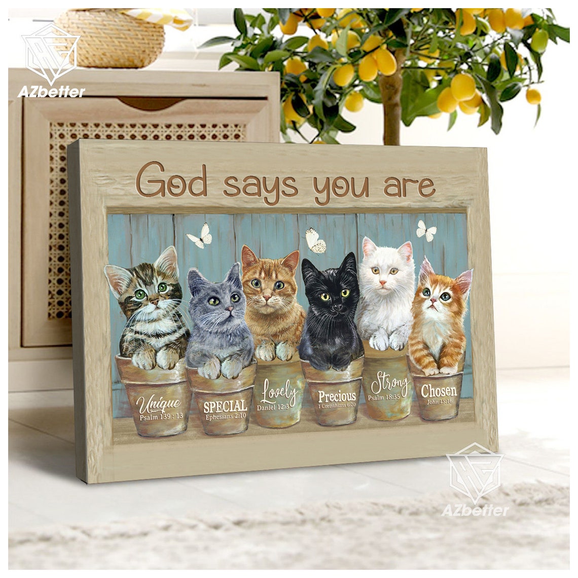 God Says You Are Six Kittens in Flower Pots Cat Lover Faith Poster