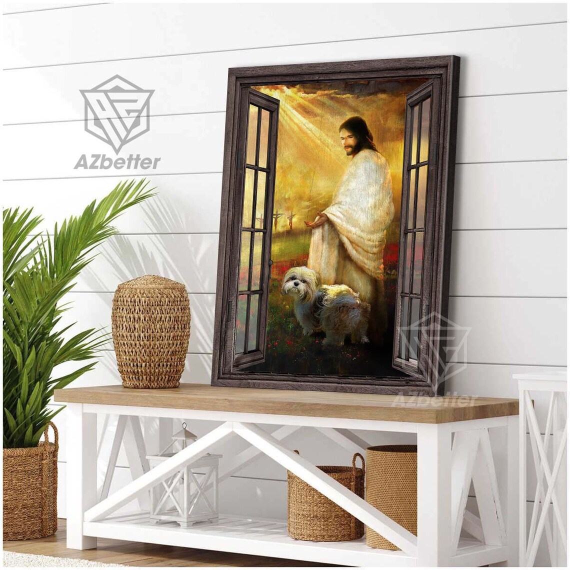 Jesus Walking with Shih Tzu Dog at Golden Sunset Open Window Poster - Image 4