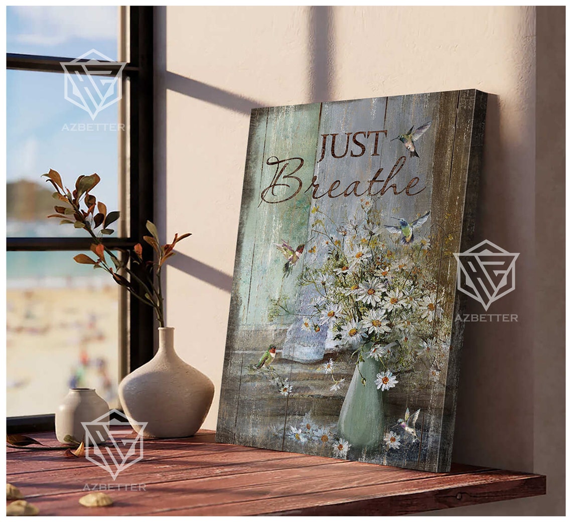 Just Breathe Hummingbirds Daisies Pitcher Vertical Canvas Poster - Image 3