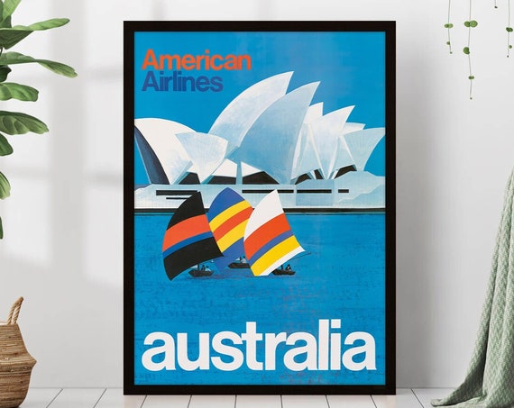 Vintage Sydney Opera House Travel Poster Sailboats Colorful Eclectic Vibrant Print Trendy Living Room Retro Wall Art Decor Framed Canvas