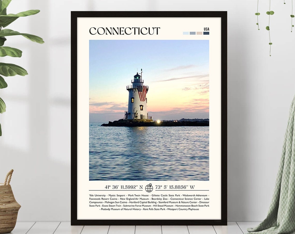 Connecticut Lighthouse at Sunset Coastal Photography Travel Poster