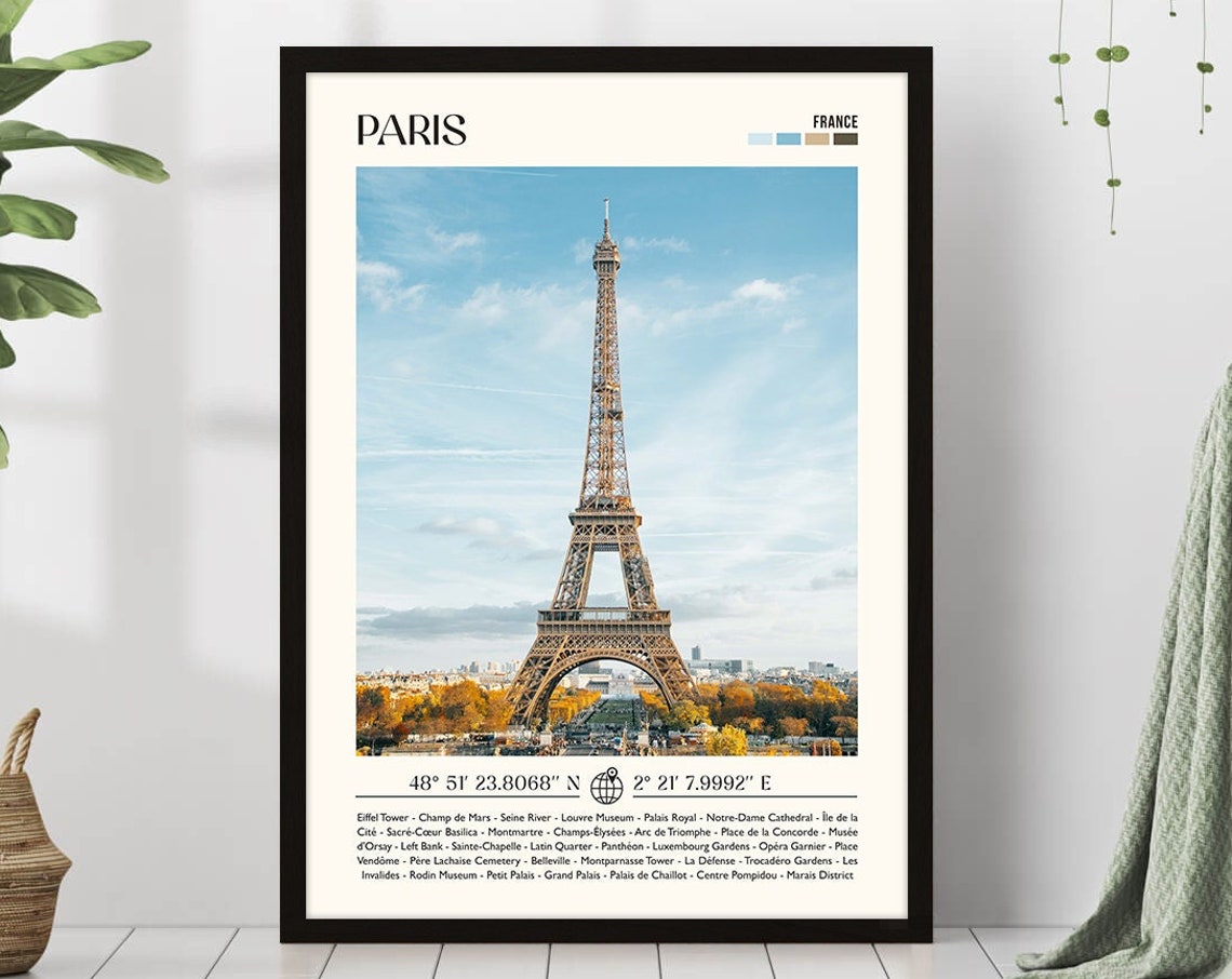 Paris France Eiffel Tower Travel Poster With Landmarks Guide List