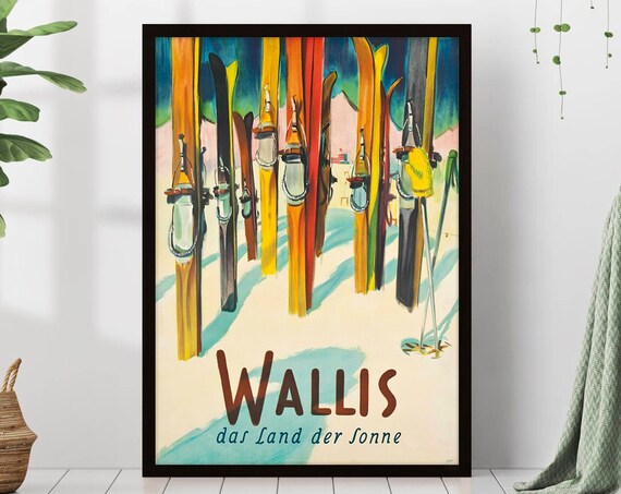 Wallis Switzerland Vintage Colorful Skis Alpine Ski Travel Poster
