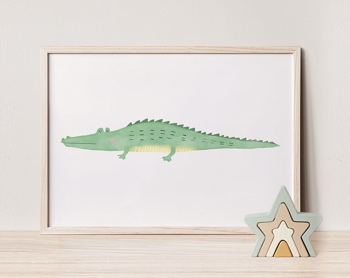 Cute Smiling Green Watercolor Crocodile Kids Nursery Room Poster