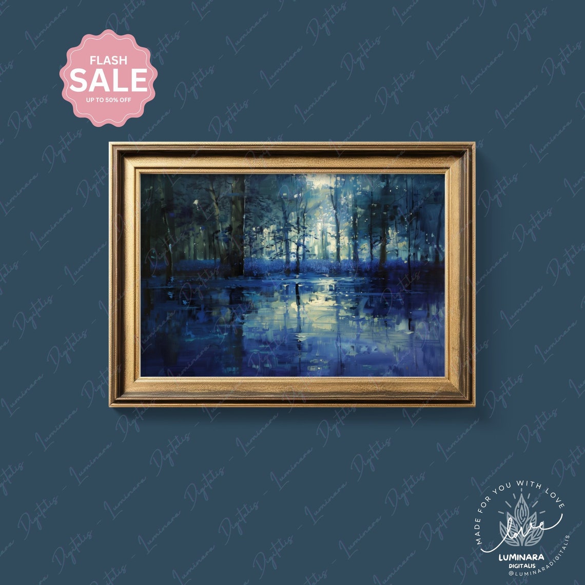 Moonlit Forest Reflections Shimmering On Still Blue Water Poster - Image 4