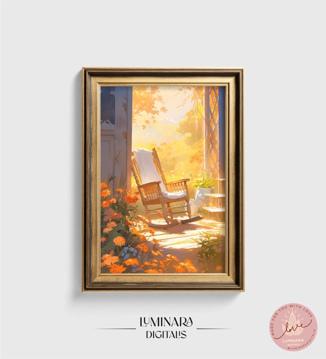 Empty Rocking Chair On A Flower Filled Sunlit Porch Art Print