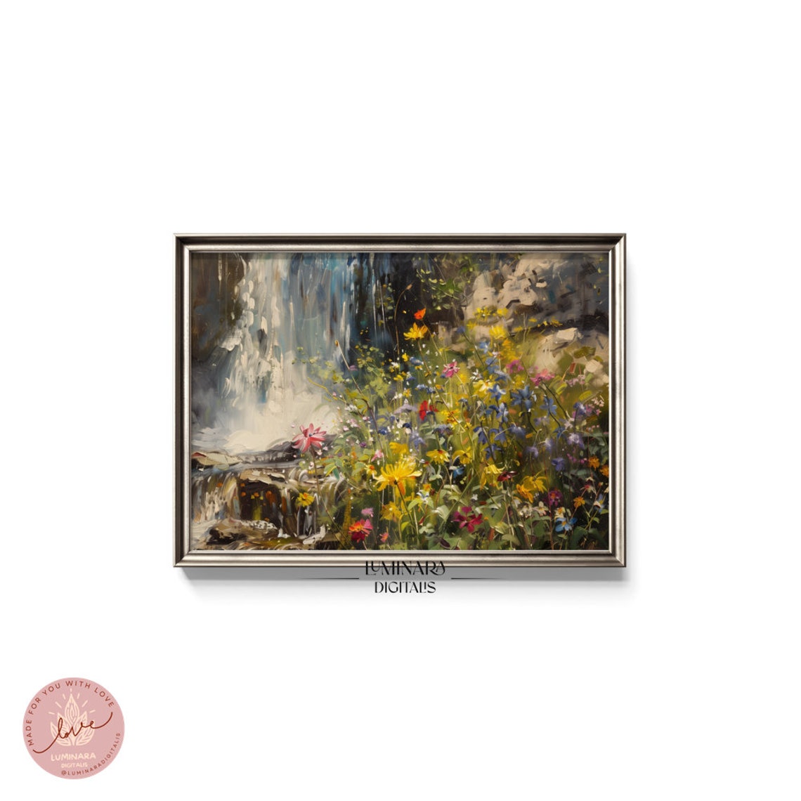 Waterfall Framed By Yellow And Blue Meadow Wildflowers Art Poster - Image 5