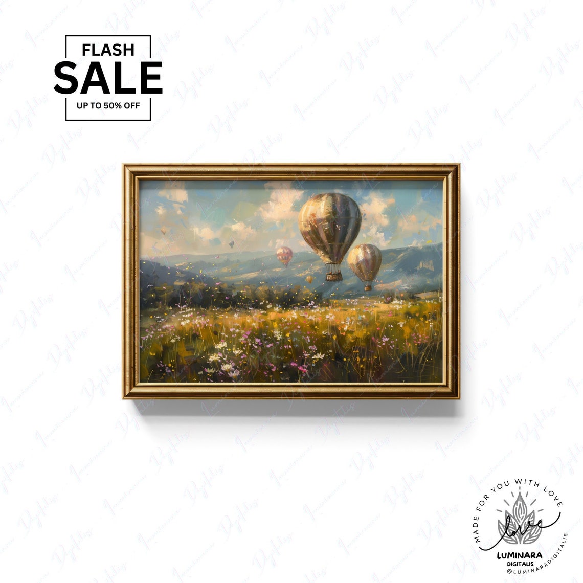 Golden Hour Hot Air Balloons Above Blooming Meadow Landscape Poster - Image 3