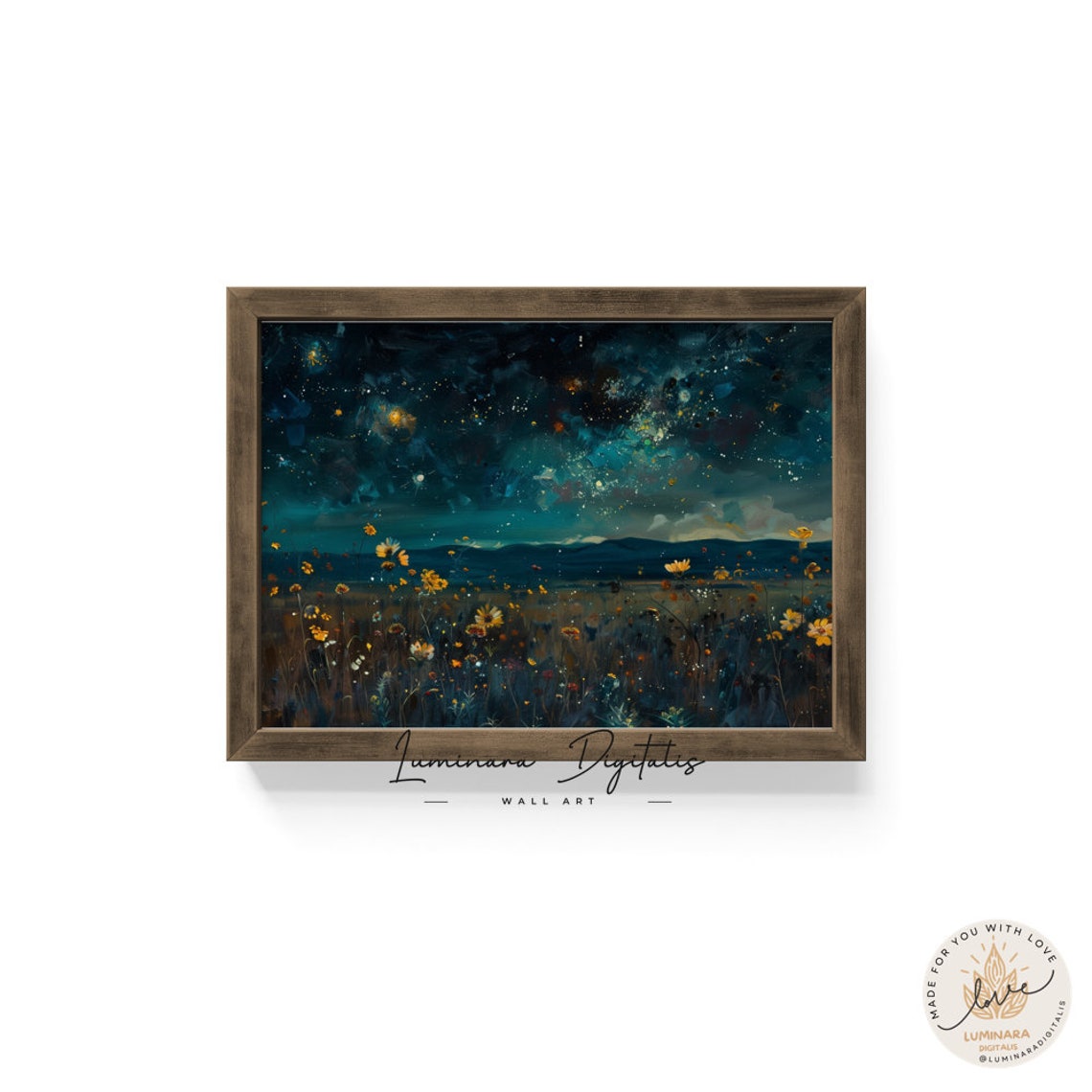 Starry Night Sky Over Golden Wildflower Meadow Night Art Poster - Image 6