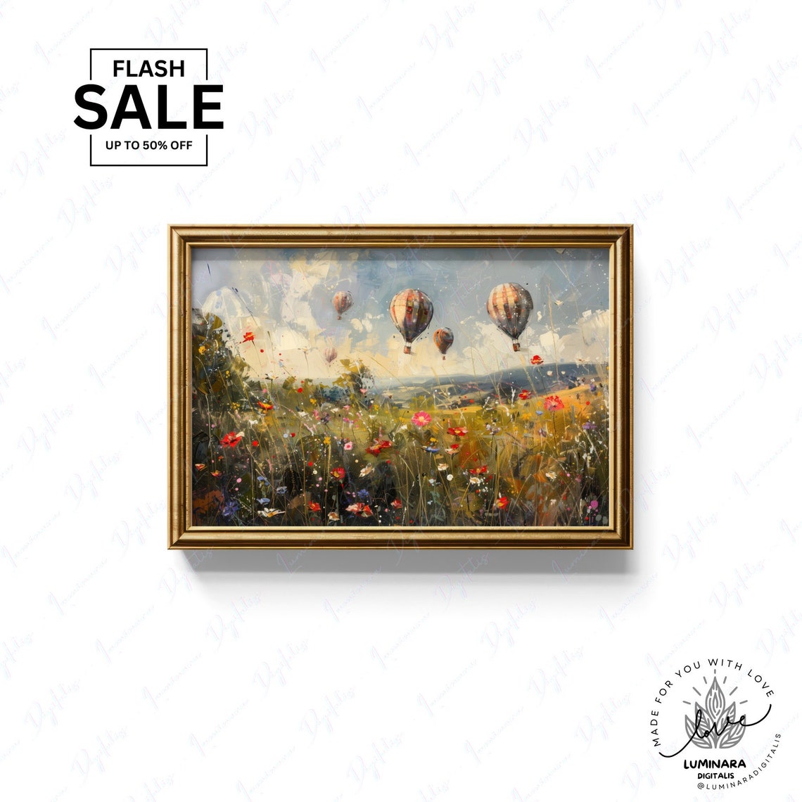 Hot Air Balloons Floating Over Summer Wildflower Meadow Poster - Image 3