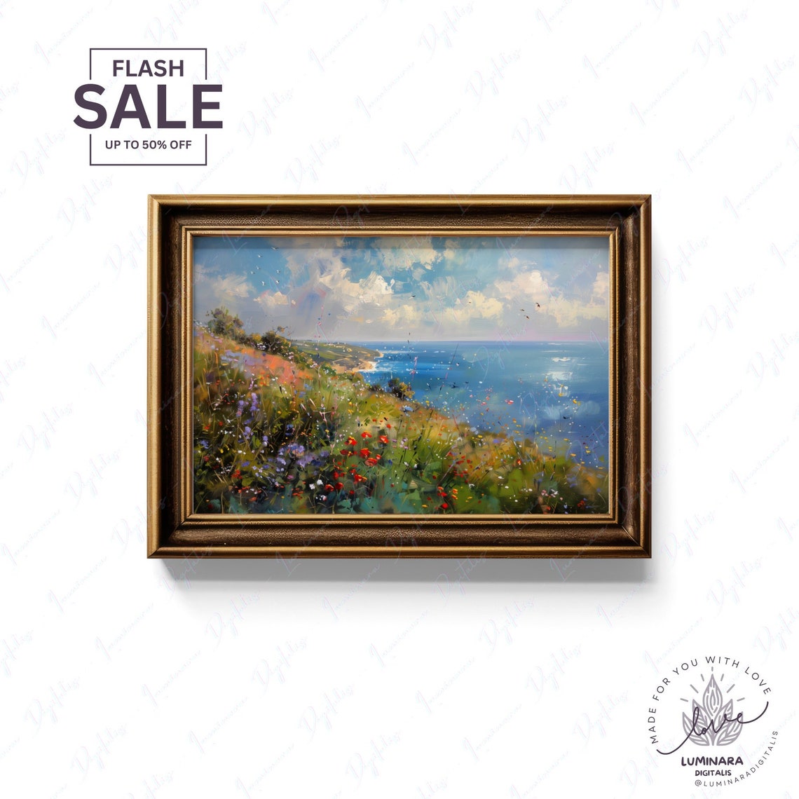 Wildflower Hillside Sloping Down To A Sparkling Blue Sea Art Print - Image 2