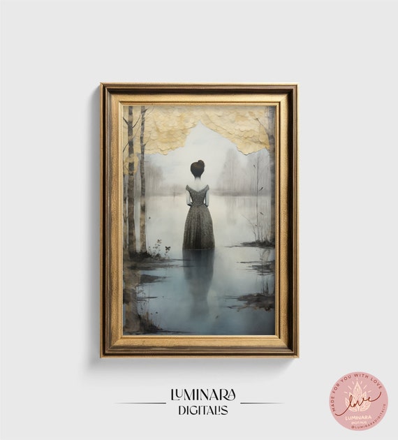 Enchanted Lake Reflections Print Vintage Fairytale Style Wall Art Faded Paper Lake Scene Poster 00251