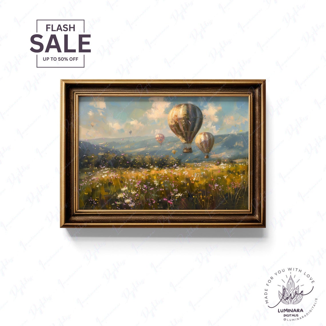 Golden Hour Hot Air Balloons Above Blooming Meadow Landscape Poster - Image 2