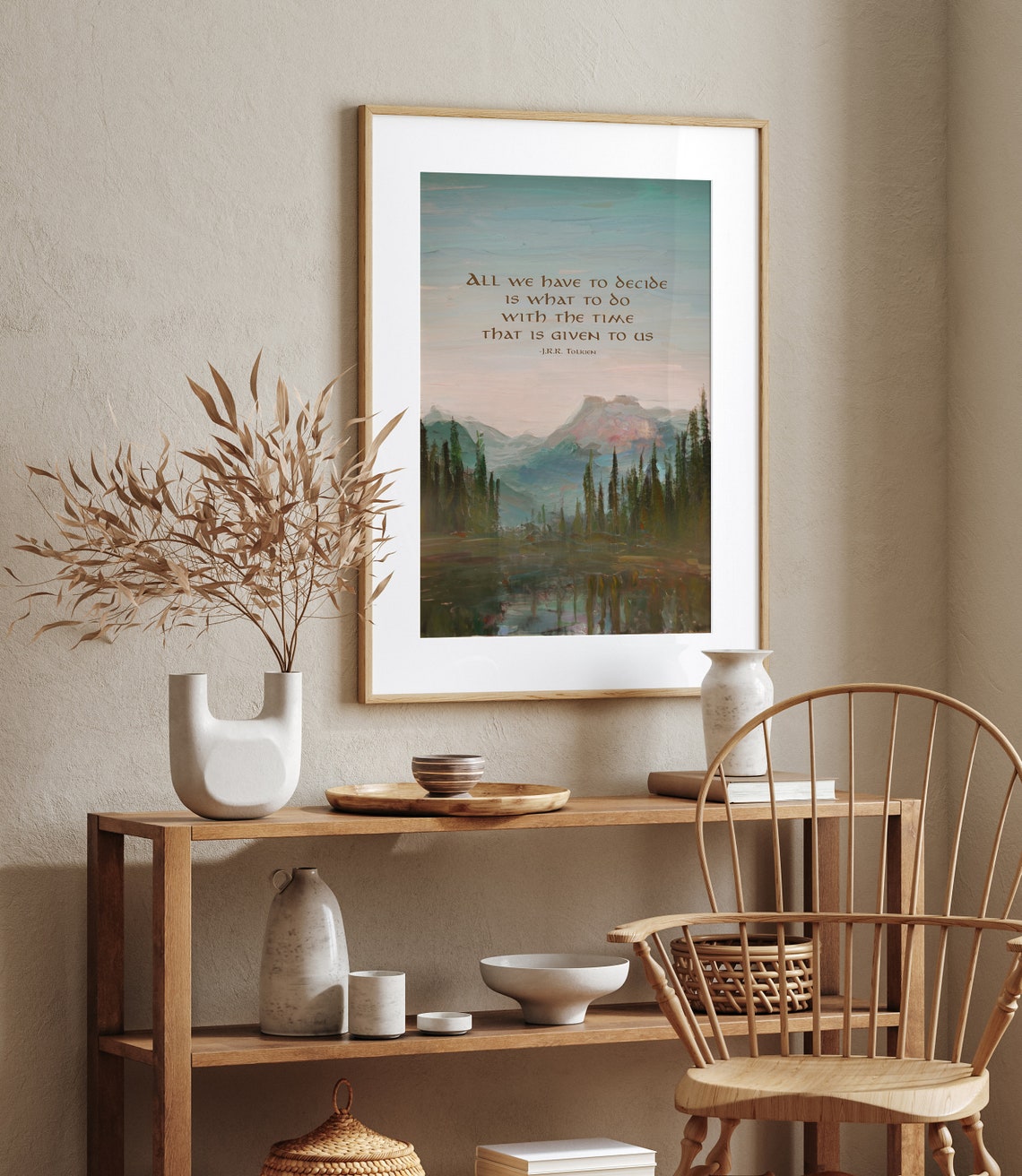 Tolkien All We Have To Decide Runic Quote Mountain Lake Pines Wall Art - Image 2
