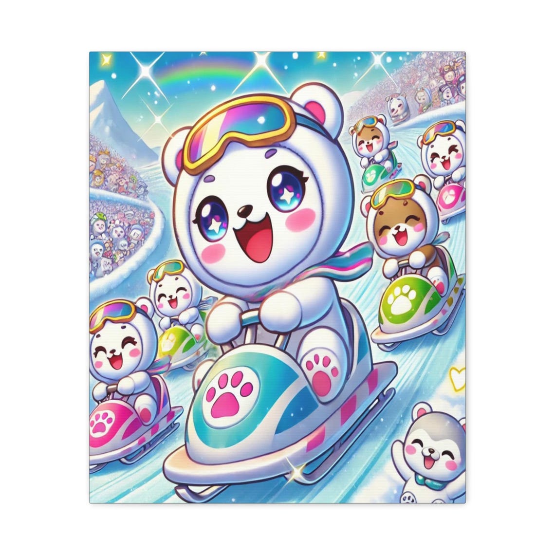 Polar Bear Bobsled Race Icy Winter Fun Cute Kids Animal Poster