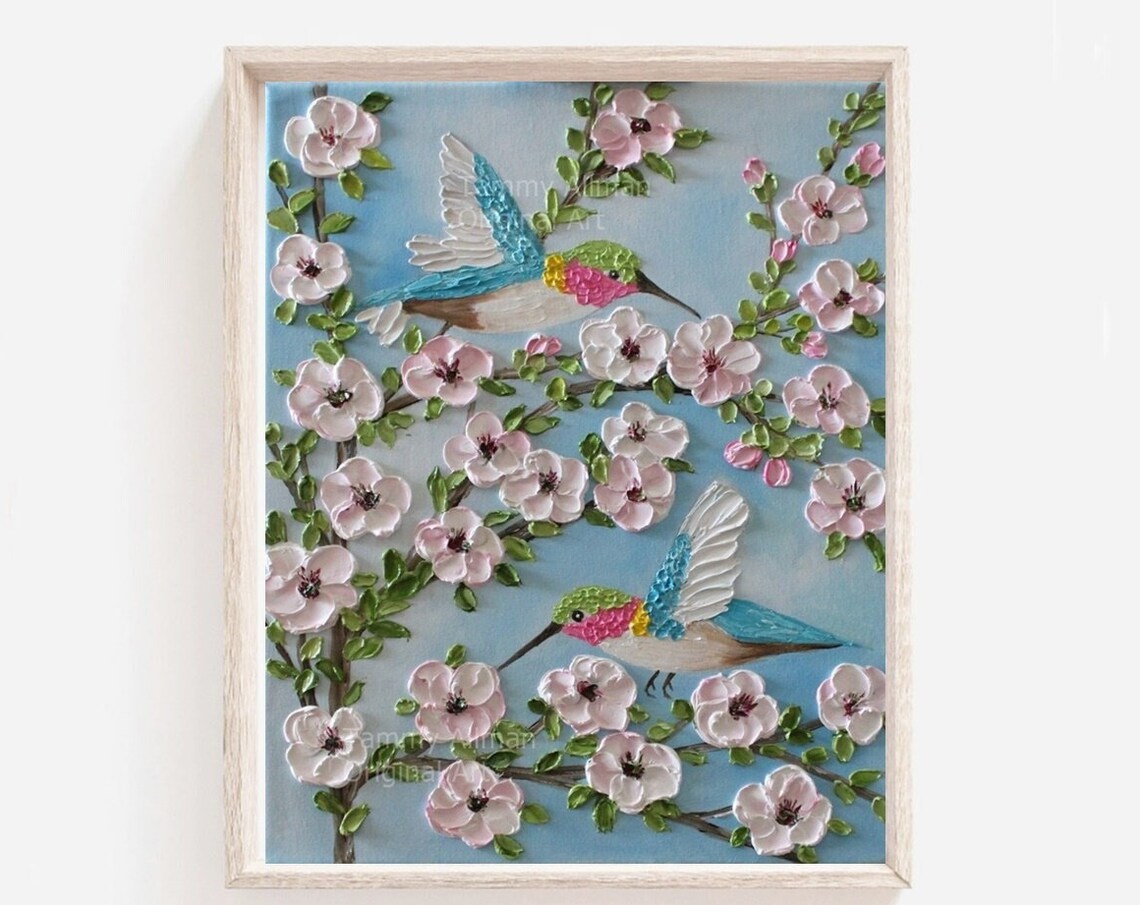 Two Hummingbirds Among Pink Blossoms Impasto Bird Art Poster