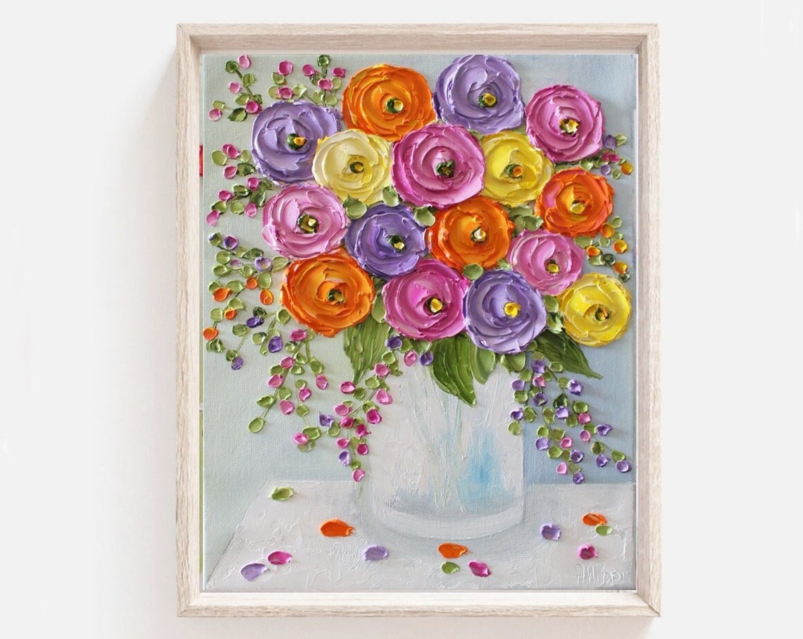 Bright Ranunculus Bouquet in Orange Purple Pink Impasto Art Poster