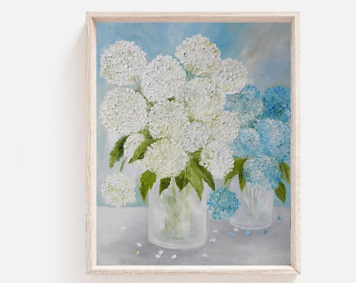 Blue and White Hydrangea Impasto Oil Painting Art Print