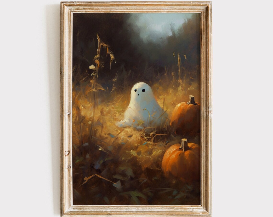Cute Ghost Pumpkin Patch Night Vintage Halloween Oil Painting Wall Poster