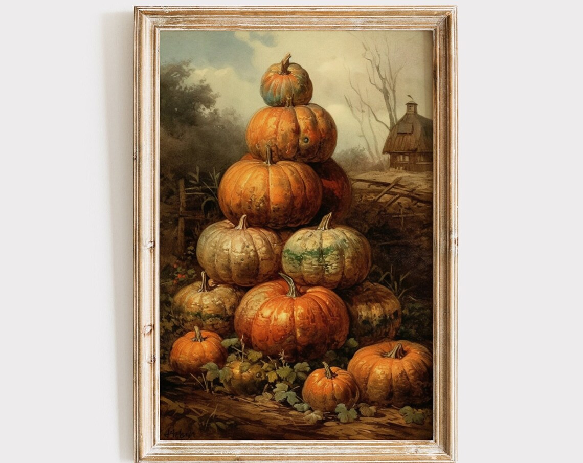 Vintage Pumpkin Oil Painting, Rustic Farmhouse Art Print