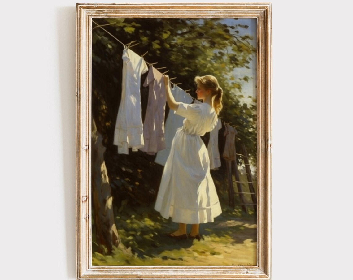 Clothesline Painting, Vintage Laundry Room Art Print