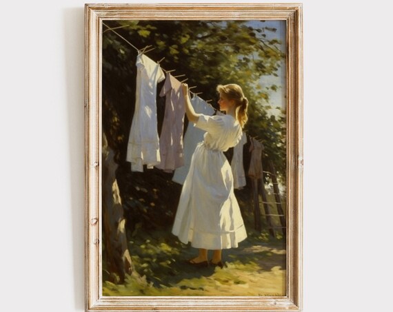 Clothesline Painting, Vintage Laundry Room Art Print