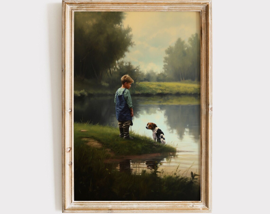 Boy and Dog by Pond Oil Painting Print, Vintage Farmhouse