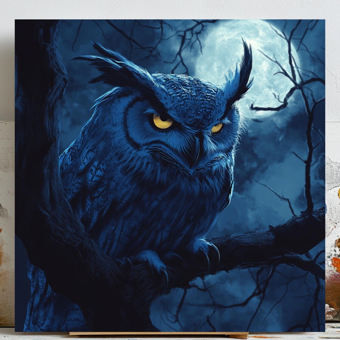 Mystical Owl Dark Forest Art Print, Full Moon