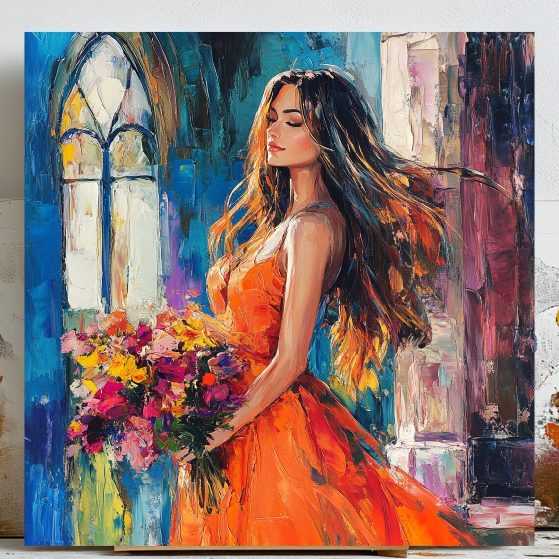 Woman In Orange Dress, Floral Bouquet Portrait Print