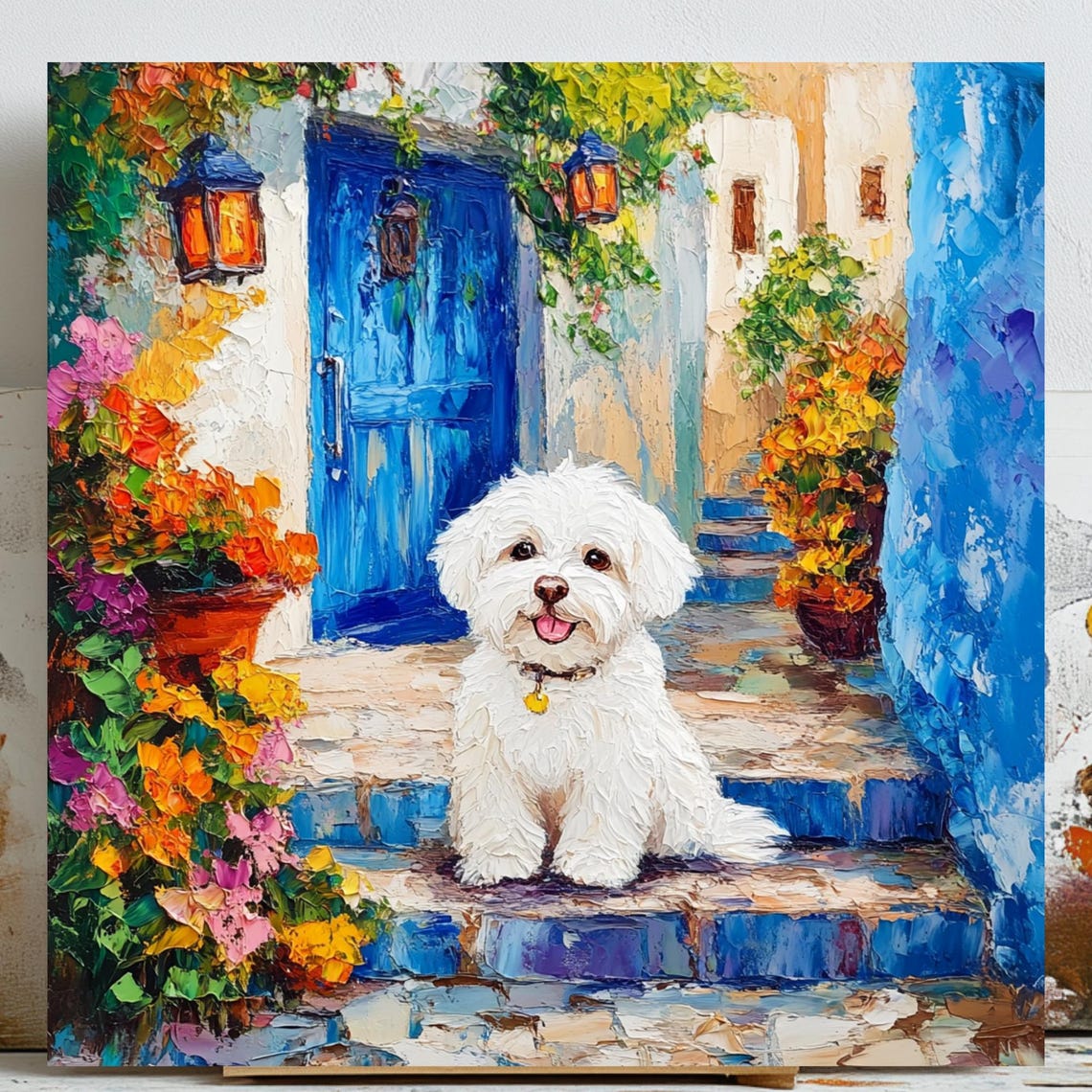 Fluffy Dog In Garden, Floral Pet Art Print