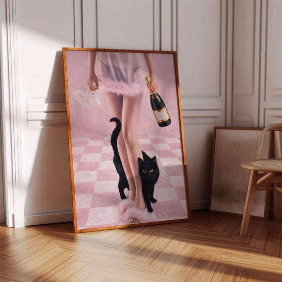 Pink Wall Print Black Cat Champagne Poster Coquette Bedroom Feminine Glam