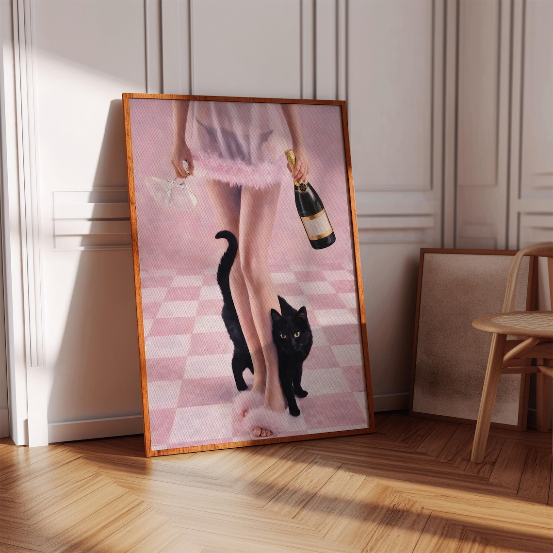 Pink Coquette Champagne Girl Black Cat Poster Feminine Bedroom Wall Decor