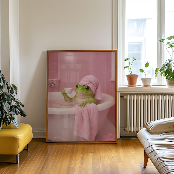Frog In The Bathtub Funny Pink Bathroom Humor Decor Wall Art